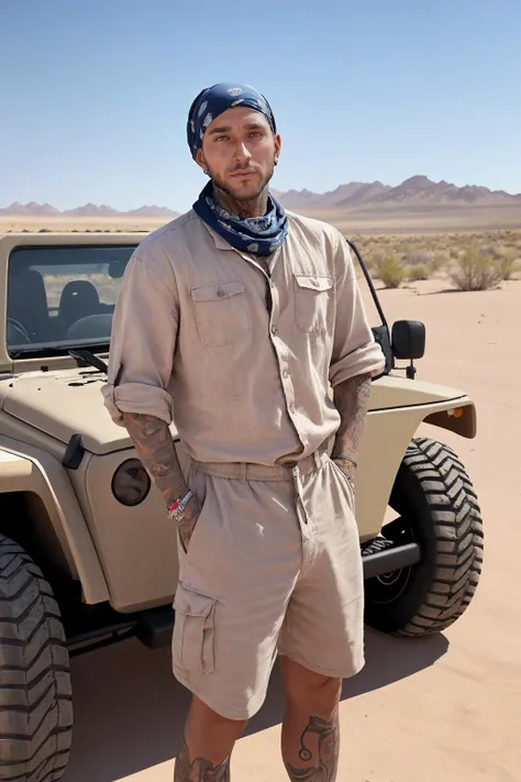 <lora:mario_perozzi_epoch_6:0.8> male sksperson, tattooed, desert background, wearing shirt, shorts, and head scarf, next to jeep, bright lighting