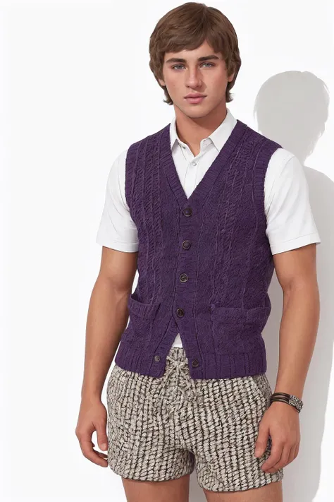 <lora:sc_owen_epoch_8:0.8> caucasian male sksperson, Missoni, wearing crotchet knitted purple vest and shorts, jewelry, white background, high contrast, deep shadows, professional photography, luxury brand