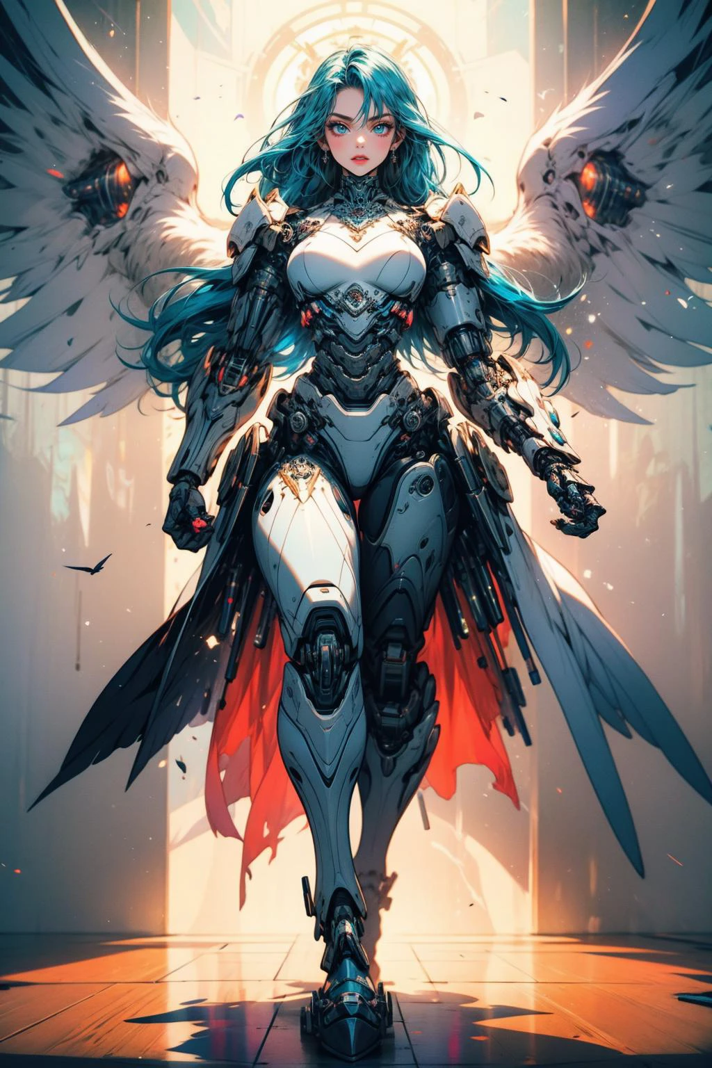 (masterpiece:1.4), (intricate:1.2), (detailed:1.2), (vibrant colors:1.2), BREAK,
(full body:1.0), (dynamic pose:1.0), (god rays:1.0), BREAK,
(solo:1.2), (female cyborg:1.2), (mechangel:1.0), (wings:1.0), <lora:MechaAngelConcept:0.8>, BREAK,