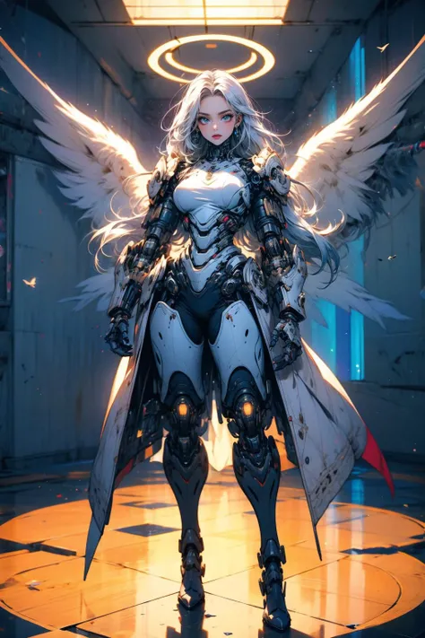 (masterpiece:1.4), (intricate:1.2), (detailed:1.2), (vibrant colors:1.2), BREAK,
(full body:1.0), (dynamic pose:1.0), (god rays:1.0), BREAK,
(solo:1.2), (female cyborg:1.2), (mechangel:1.0), (wings:1.0), (white hair:1.0), <lora:MechaAngelConcept:0.8>, BREAK,