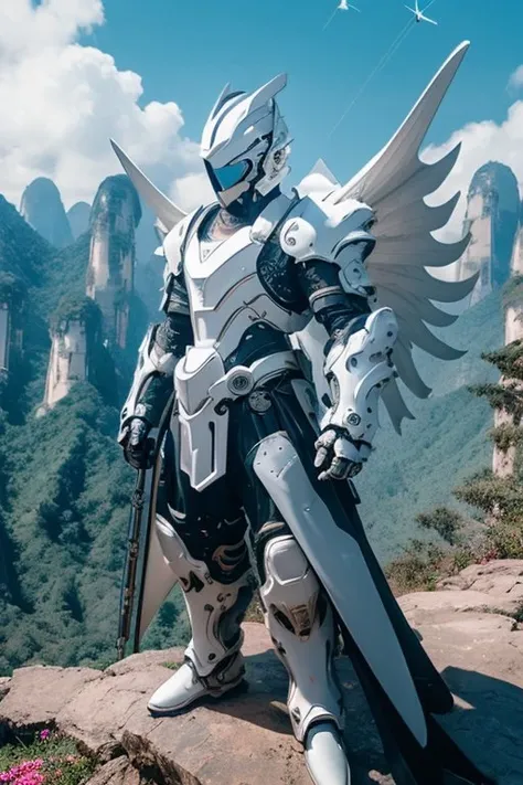 (Best quality, 8k, DSLR, extreme detail), stunning photo of mechangel in front of sunny sky, tianzi mountains, floating islands, mechangel, wings, solo, armor, (halo), mechanical wings, epic, majestic lighting, profile pose, reflective face visor, <lora:mechaangelv2-noise:1>