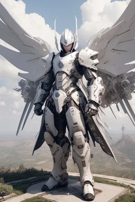photo of mechangel in front of clouds, landscape, chinese architecture, mechangel, wings, solo, armor, halo, building, mechanical wings, <lora:mechaangelv2-noise:1>