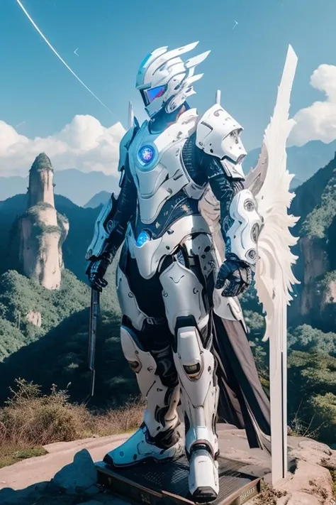 (Best quality, 8k, DSLR, extreme detail), stunning photo of mechangel in front of sunny sky, tianzi mountains, floating islands, mechangel, wings, solo, armor, (halo), mechanical wings, epic, majestic lighting, profile pose, reflective face visor, <lora:mechaangelv2-noise:1>
