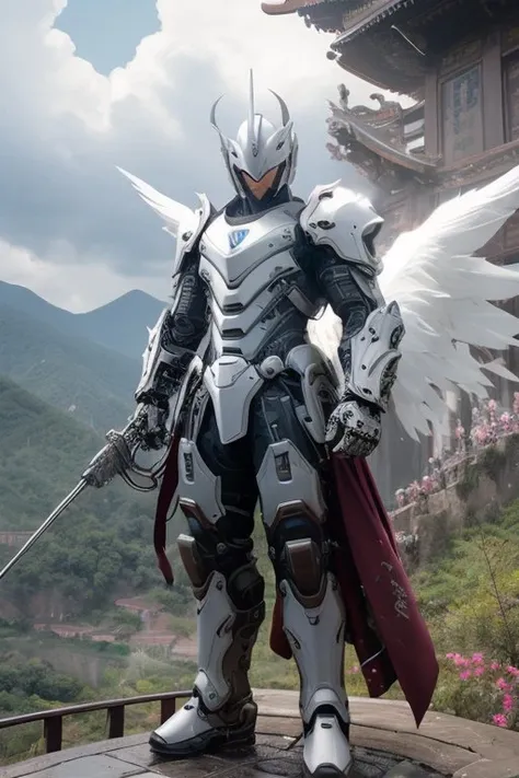 (Best quality, 8k, DSLR, extreme detail), stunning photo of mechangel in front of storm clouds, lush landscape, qinling mountains, chinese architecture, mechangel, wings, solo, armor, halo, building, mechanical wings, epic, regal lighting, superhero pose, reflective face visor, <lora:mechaangelv2-noise:1>