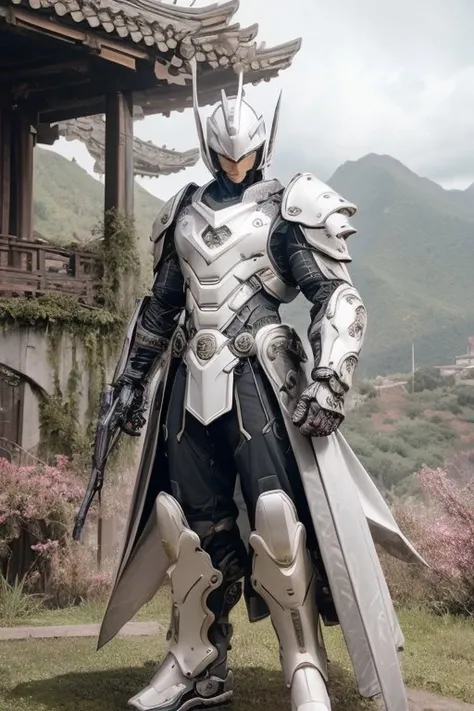 (Best quality, 8k, DSLR, extreme detail), stunning photo of mechangel in front of storm clouds, lush landscape, qinling mountains, chinese architecture, mechangel, wings, solo, armor, halo, building, mechanical wings, epic, regal lighting, superhero pose, reflective face visor, <lora:mechaangelv2-noise:1>