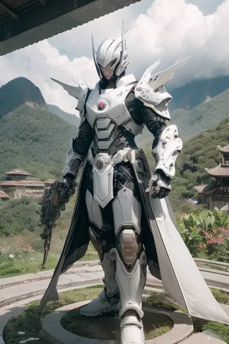 (Best quality, 8k, DSLR, extreme detail), stunning photo of mechangel in front of storm clouds, lush landscape, qinling mountains, chinese architecture, mechangel, wings, solo, armor, halo, building, mechanical wings, epic, regal lighting, superhero pose, reflective face visor, <lora:mechaangelv2-noise:1>