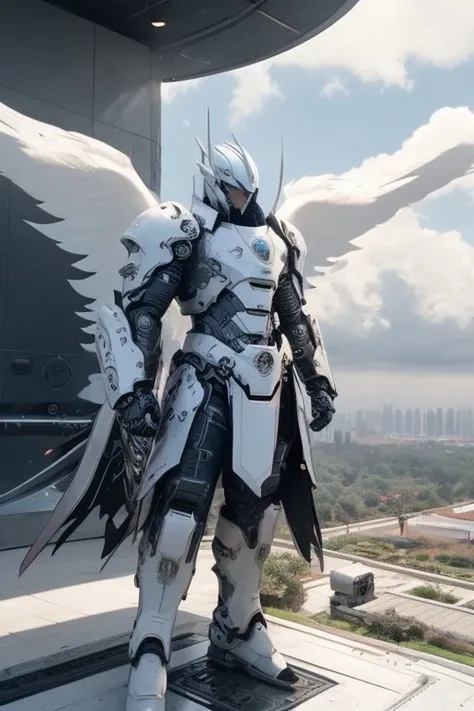 photo of mechangel in front of clouds, landscape, chinese architecture, mechangel, wings, solo, armor, halo, building, mechanical wings, <lora:mechaangelv2-noise:1>
