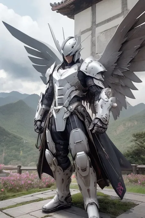 (Best quality, 8k, DSLR, extreme detail), stunning photo of mechangel in front of storm clouds, lush landscape, qinling mountains, chinese architecture, mechangel, wings, solo, armor, halo, building, mechanical wings, epic, regal lighting, superhero pose, reflective face visor, <lora:mechaangelv2-noise:1>