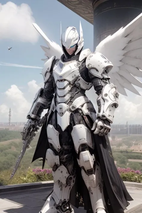 photo of mechangel in front of clouds, landscape, chinese architecture, mechangel, wings, solo, armor, halo, building, mechanical wings, <lora:mechaangelv2-noise:1>