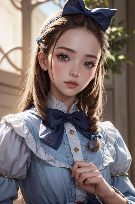1girl, masterpiece, best quality, 8k, detailed skin texture, detailed cloth texture, beautiful detailed face, intricate details, ultra detailed, Alice in Wonderland, (a bow on her head:1.1), upper body