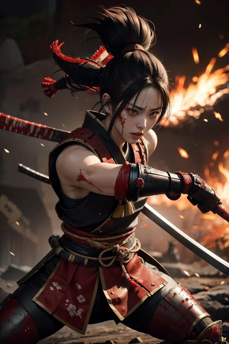 1 japanese female samurai, blood splatters, intense look, battle stance, ancient battleground (highly detailed:1.2), (photorealistic1.2),