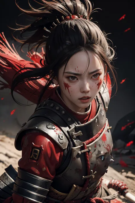 1 japanese female samurai, blood splatters, intense look, battle stance, ancient battleground (highly detailed:1.2), (photorealistic1.2),