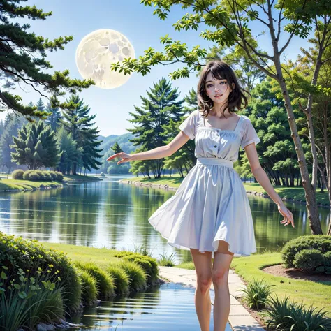 ((((masterpiece)))),(((the best quality))),high moon in the sky,the girl full body tangles at the lake in the garden,poor background,remove the camera,happy,in love,