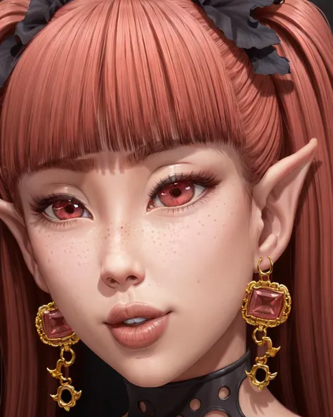 (majalis:1.2), (1boy, kylira:1.1), (closeup:0.7), femboy, freckles, gem earrings, bangs, jewelry, lips, parted lips, looking at viewer, earrings, eyelashes, pointy ears, red eyes, red hair, solo, square earrings, twintails <lyco:majalis_style_v2:0.6>