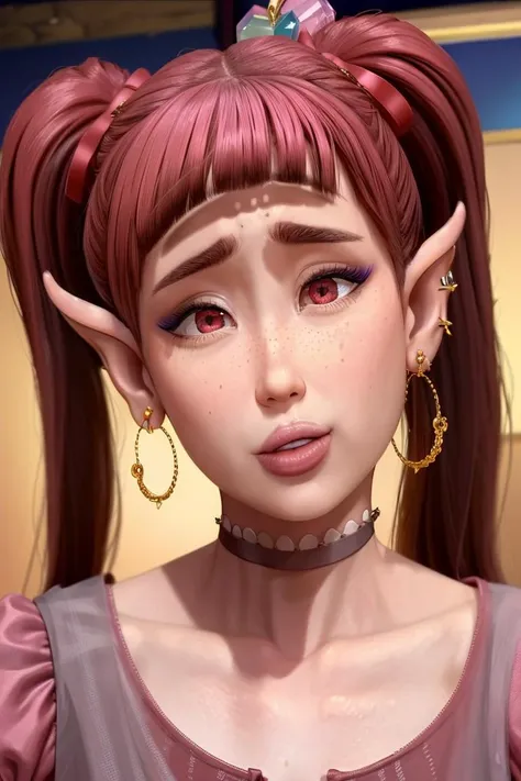 majalis style,(kylira, elf, 1boy, otoko no ko:1.2), toa, closeup, freckles,long hair,makeup, pink dress, gold earrings, black choker, lips, gem earrings, square earrings, (looking at viewer:1.1), (red eyes:0.9),flat chest, (red hair:0.9), (twintails:1.1), pointy ears, realistic, detailed face, detailed <lyco:majalis_style_v1:0.9>