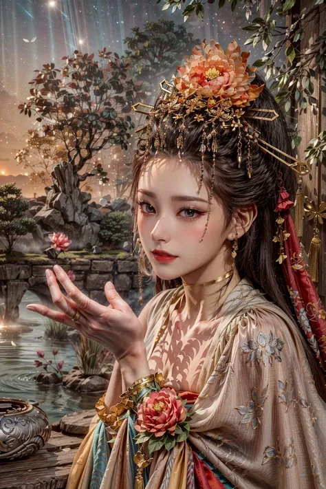 <(best quality, extremery best quality, masterpiece:1.4), (realistic, intricate details:1.4), (photorealistic:1.4), (extremely intricate:1.4), highres, ultra highres, ultra detailed, ultra-detailed, absurdres, incredibly absurdres, extremely detailed, high quality, high resolution, hyperrealistic, ultra-realistic, hyper-detailed, top quality, best, fine detail, massive detail, Highly detailed, extreme detailed, highest detailed, high-res, absolutely resolution, reflection, (refraction:1.4), (hyperrealism:1.4)>, BREAK, (1girl:1.3), solo, looking at viewer, (young cute beautiful 18-year-old girl:1.4), 3d face, (hand of Guido Daniele:1.4), beautiful girl, Beautiful face, pretty, girlface, kpop idol, supermodel, stunning innocent symmetry face, perfect body, medium breast, slim waist, slim legs, (high detailed skin:1.5), glowing eyes, goddess, natural skin texture, shiny skin, White skin, Beautiful detailed face, detailed face, real skin texture, cute delicate face, finely detailed face, golden ratio, golden ratio face, expressive eyes, perfect face, perfect skin, flawless face, clear face, shiny hair, pale skin, Proper body proportion, perfect anatomy, realistic skin texture, luscious lips, glossy lips, natural makeup, beautiful bright pupils, slender figure, intricate eyes, detailed pupils, detailed face and eyes, longeyelashes, blush, good hand, perfect hands, pretty face, beautiful female bodies, finely detailed skin, oily shiny skin, clean facial features, an extremely delicate and beautiful, cute & girly, beautiful detailed eyes, stars in the eyes, detailed simmetric eyes, perfect smooth skin texture, BREAK, (((((standing, (zanhua, holding flower, Pink flower on head:1.4), (smile, Pink hair, Pink eye, long hair, Pink eyelashes, Pink lips, Pink lip colour, Eyes glowing Pink, flat bangs, wearing hanfu, in Pink and white, happy expression, bird, lotus, hair ornament, water, dancing with butterfly, hanfu_tang, tang dynasty, chinese traditional architecture, in the garden, floral background, brilliant colors, wearing Tang-style clothing, flowing sleeves, floral pattern, golden bracelets, pearl earrings, long_hair, nail_polish, jewelry, ancient art, chinese style, golden embroidery, ornate hairpin, jade accessories, standing in imperial palace, red pillars, golden details, intricate carvings, decorative screens, sparkling jewels, ruqun, rich Chinese red, golden decorations, exquisite screens, golden dragon-patterned wallpaper, Pink silk curtains, delicate porcelain, Pink flower decorations, Pink carpets, mooth curved bridge, blue sky and green water:1.5), (night, Night time, moon light, sky, landscape, aurora borealis, stars, outdoors, Chinese, Pink fireworks, Sakura tree background:1.4), (lake background, mountains, full moon background, night lake shore, river, forest, chinese style countryard, lanterns, pond, cobblestone pathway, building pavilion, chinese buildings, moutains, misty lake, ancient chinese background, puddle, after the rain, petals falling, wet grass and trees, flower sea, in a meadow, waterfall, breeze, flying splashes, flying petals, leaves, bloom, bloom effect, surrounded by heavy floating petal flow, petal, Pink butterfly, flower, detailed beautiful grassland with petal, flowers, plants, Pink rose, many Pink roses, leaves falling from the tree, dust is drifting, ethereal, scenery, nature, mysterious background:1.4), (iridescent colors, Iridescence, blush, mysterious, fantasy background, fantasy, open mouth:1.2), (fog, wind:1.2), (Luminescent Particles:1.3), (fullbody:1.2), (eye focus, face focus, character focus, close-up face:1.2), (dutch angle, cowboy shot:1.3), colorful refraction)))), BREAK, <watercolor, available light, detailed light, volumetric fog, beautiful lighting, Rembrandt lighting, Cinematic, pixel art, game art, key visual, surreal, PBR Texturing, Anisotropic Filtering, Maximum Clarity And Sharpness, Albedo And Specular Maps, Multi-Layered Textures, Surface Shading, Sub-Pixel Convolution, Sub-Pixel Convolution, Accurate Simulation Of Light-Material Interaction, blurry foreground, broad light, volumetric light effect, matte painting, perfectly defined features, volumetric lighting, Tone Mapping, Lumen Reflections, Global illumination, Ray Tracing, Screen Space Global Illumination, Accent Lighting, 32k, Natural Lighting, volumetric, cinematic masterpiece, Rule of thirds, high dynamic range, Multi-exposure HDR capture, cinematic render, game cg cinematic, atmospheric perspective, scene, epic dynamic frame, motion blur, ((cinematic look, Film look)), rim light, 4k textures, adobe lightroom, photolab, insane details, hyperdetailed, exposure blend, professional color grading, professional color correction, aerial perspective, particles and dust in beams of light, cinematic scene, dynamic lighting, sharp details, lomography, soft focus, light leaks, bold hues, atmospheric depth, (explosive light and shadow:1.2), aesthetics, intricate designs, ultra realistic digital art, (zentangle, mandala, tangle, entangle), (fractal art), elegant, vivid colours, floating particles, particles, dramatic, epic, (ink drawing, oil painting detailed), (dramatic lighting:1.2), RAW, huge filesize, extremery detailed CG, Photo, 8k uhd, cinematic atmosphere, trending on artstation, award-winning glamour photograph, highly detailed photo, official art, beautiful and aesthetic, unity 8k wallpaper, beautiful, highly detailed CG illustration, best illustration, intricate, Amazing, emotional, analog, painting, digital painting, concept art, Oil Painting, illustration, Classical art, Renaissance, Romanticism, Neoclassicism, Color Palette, depth and contrast, Vibrant colors, saturated, rich saturation, color harmony, vivid palette, concept-art, design style, detail character, concept render, colorful, analog photography, dreamy atmosphere, specular highlights, atmospheric lighting, (dynamic angle, dynamic pose :1.3), (shiny, clothes reflecting light, lens flare, bloom effect, light particle, lens glare:1.3), realistic lighting, cinematic light, (cinematic lighting), light in the face, soft lighting, saturated colors, detailed background, sharp focus, 8k high definition, perspective, Master Composition, roughness, post-processing, soft shadows, realistic shadows, ambient occlusion, ray-tracing, subsurface scattering, photon mapping, physically-based rendering, octane rendering, unreal engine 5, ue5 rendering, Adobe After FX, dslr, RTX, Best character details, radiosity, sharp, antialiased, RAW photo, HDR, 8k, 4k, (((Photographed by Roger Deakins, using a RED Monstro 8K VV camera and a series of high-end lenses))), ((Hasselblad photography)), (film grain:1.4), Kodak portra 400, ((Fujifilm X-T5)), professional photograph, depth of field, caustics, Broad lighting, diffuse lighting, rim lighting, two tone lighting, textile details, visible pores, high resolution scan, professionally color graded, photographic reality, automatic white balance, best lighting, detailed shadow, high contrast, strong light and shadow>, (PureErosFace_V1:0.5), (ulzzang-6500:1), <lora:epiNoiseoffset_v3:2>, <lora:add_detail:2>, <lora:hipoly_3dcg_v7-epoch-000012:0.6>, <lora:zhongfenghuaxiyou-000018:0.1>, zhongfenghua, <lora:zanhua_v1:0.9>