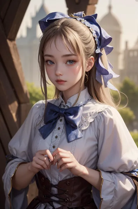 1girl, masterpiece, best quality, 8k, detailed skin texture, detailed cloth texture, beautiful detailed face, intricate details, ultra detailed, Alice in Wonderland, (a bow on her head:1.1), upper body