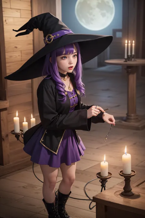 (ultra-detailed:1.2, masterpiece:1.2, best quality:1.2, highres:1.2), witch house, night, blue moon light, candles, dark place, realistic shadows, 1girl, mature body, tall, purple hair, wtich clothes, witch hat, purple fire on hand, spell, magic circle on the floor, summoning ritual