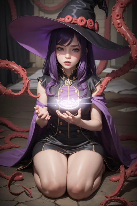 (ultra-detailed:1.2, masterpiece:1.2, best quality:1.2, highres:1.2), witch house, night, 1girl, mature body, tall, purple hair, wtich clothes, witch hat, purple fire on hand, cinematic lighting, spell, magic circle on the floor, summoning ritual, tentacles being summoned, (tentacles1.2)