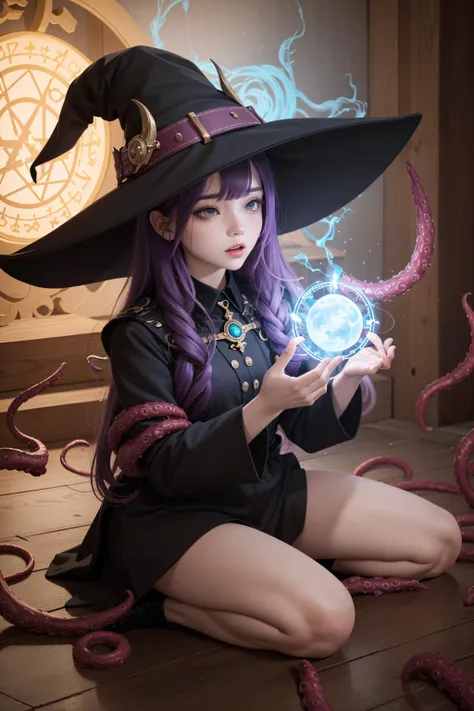 (ultra-detailed:1.2, masterpiece:1.2, best quality:1.2, highres:1.2), witch house, night, 1girl, mature body, tall, purple hair, wtich clothes, witch hat, purple fire on hand, cinematic lighting, spell, magic circle on the floor, summoning ritual, tentacles being summoned, (tentacles1.2)
