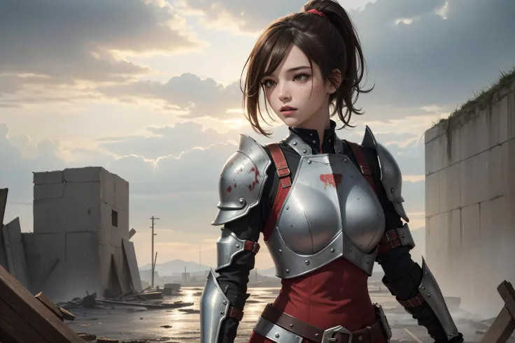 (ultra-detailed:1.2, masterpiece:1.2, best quality:1.2, highres:1.2), warzone background, ruins, scenery, raining, 1girl, small boobs, brown hair, ponytail, armor clothes, chestplate, dirty face, blood stains, dark sky