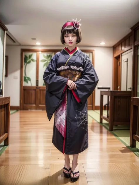 hyper realistic, (masterpiece:1.3), (absurdres:1.3), (best quality:1.3), (8K), (((((perfect face))))), detailed hands, detailed eyes, (vivid colors), (intricate details:1.3), vibrant colors, (ultra-detailed:1.3), ((dinamic lighting)), traditional japanese house, outdoor, (house entrance), (standing), (facing the viewer), (((((full body view))))), day scene,
BREAK, makeup, hair ribbon, obi, pale skin, (thin lips), sash, hair ornament, spider web print, hair bow, kimono, hairband, japanese clothes, 20 year old girl, ((detailed face)), mio, , <lora:more_details:0.7>, <lora:mio_DG:1.0>, <lora:irene_v70:0.3>