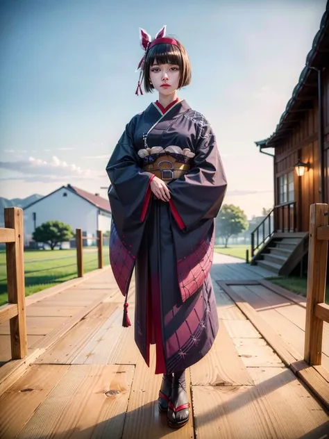 hyper realistic, (masterpiece:1.3), (absurdres:1.3), (best quality:1.3), (8K), (((((perfect face))))), detailed hands, detailed eyes, (vivid colors), (intricate details:1.3), vibrant colors, (ultra-detailed:1.3), ((dinamic lighting)), traditional japanese house, outdoor, (house entrance), (standing), (facing the viewer), (((((full body view))))), day scene,
BREAK, makeup, hair ribbon, obi, pale skin, (thin lips), sash, hair ornament, spider web print, hair bow, kimono, hairband, japanese clothes, 20 year old girl, ((detailed face)), mio, , <lora:more_details:0.7>, <lora:mio_DG:1.0>