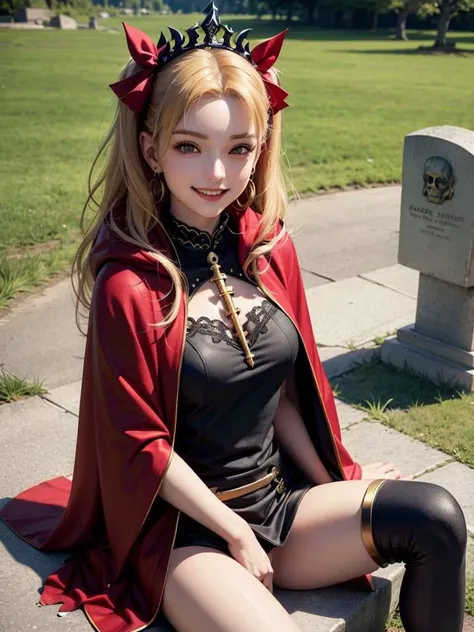 masterpiece, best quality, absurdres, EreshkigalBase, two side up, hair ribbon, tiara, black dress, single sleeve, skull, spine, gold trim, red cape, single thighhigh, sitting, outdoors, graveyard, stone, smile, blue fire, <lora:EreshkigalV2:1>, <lora:8e28e06e-b04c-4959-8185-f0d028454eb7:2.0>