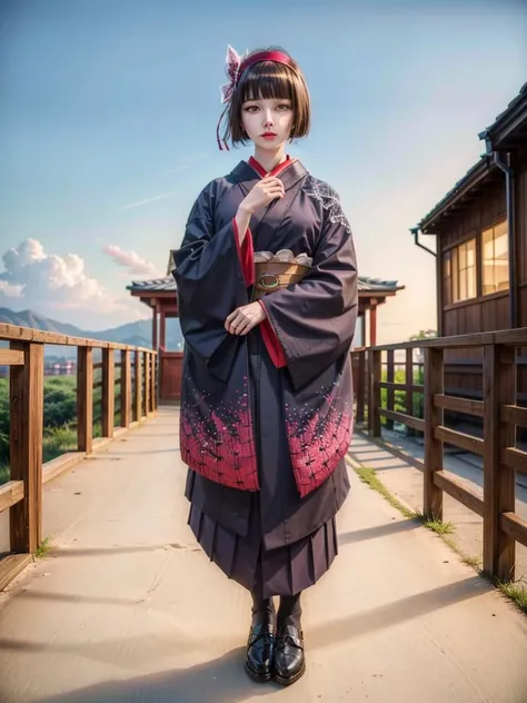 hyper realistic, (masterpiece:1.3), (absurdres:1.3), (best quality:1.3), (8K), ((perfect face)), detailed hands, detailed eyes, (vivid colors), (intricate details:1.3), vibrant colors, (ultra-detailed:1.3), ((dinamic lighting)), traditional japanese house, outdoor, (house entrance), (standing), (facing the viewer), (((((full body view))))), day scene,
BREAK, makeup, hair ribbon, obi, pale skin, (thin lips), sash, hair ornament, spider web print, hair bow, kimono, hairband, japanese clothes, 20 year old girl, ((detailed face)), mio, , <lora:more_details:0.7>, <lora:mio_DG:1.0>, <lora:irene_v70:0.3>