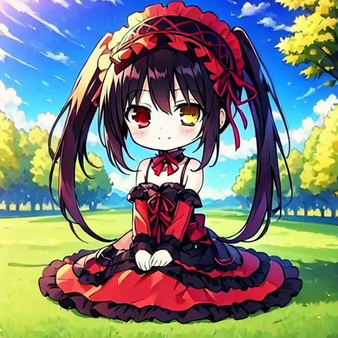 best quality,masterpiece,Super Resolution, 8K , full body, 16 years old , (chibi:1.3)
kkkrumi, kkkrumi\(gothic clothing\), kkkrumi\(double ponytail\), kkkrumi\(golden clock eyes\), Evil smile, Soft hair , sit
Clouds, flowers, trees, rivers , <lora:KK434:0.9>