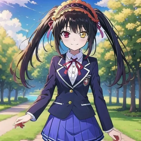 best quality,masterpiece,Super Resolution, 8K  ,  18 years old ,  
kkkrumi,kkkrumi2Z\(School uniform\) , kkkrumi\(Hair Accessories\) ,kkkrumi\(double ponytail\), kkkrumi\(golden clock eyes\), Evil smile,
Clouds, flowers, trees, rivers ,