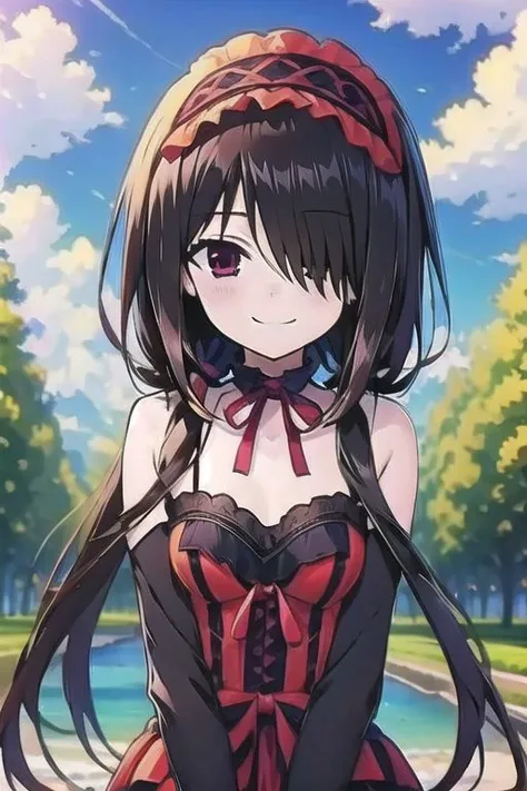 best quality,masterpiece,Super Resolution, 8K , 18 years old , upper body
kkkrumi2Z, ( kkkrumi2Z\(low-tied long hair\):1.3) ,low twintails ,kkkrumi2Z\(hair over one eye\),gothic clothing, kkkrumi\(Hair Accessories\) ,clavicle , Evil smile, sit
Clouds, flowers, trees, rivers ,