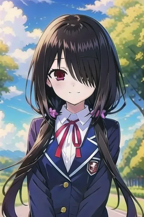 best quality,masterpiece,Super Resolution, 8K  ,  18 years old ,  
kkkrumi2Z , kkkrumi2Z\(low-tied long hair\),low twintails ,  kkkrumi2Z\(hair over one eye\), kkkrumi2Z\(School uniform\),Evil smile,
Clouds, flowers, trees, rivers ,