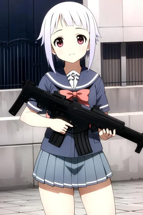 masterpiece, 1girl, funco, serafuku, holding gun, gun, rifle, leaning on weapon