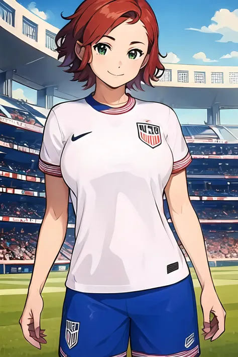 <lora:SC-U54S0C_Shirt_2024:1>, u54s0c, sportswear, soccer uniform, white shirt, shorts, (cowboy shot:1.2), 1girl, red hair, short hair, smile, (stadium:1.2), green field, massive breasts, (best quality), (ultra-detailed), (best illustration)