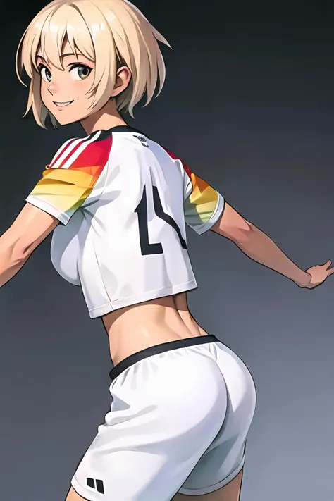 <lora:SC-G3R_Shirt_2024:1>, g3rm4ny, soccer uniform, sportswear, crop top, shorts, cowboy shot, 1girl, short hair, blonde hair, smile, soccer stadium, massive breasts, looking back at viewer, thicc ass, running, from side, (extremely detailed CG unity 8k wallpaper), (best quality), (ultra-detailed), (best illustration)