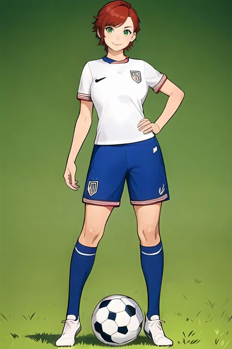 <lora:SC-U54S0C_Shirt_2024:1>, u54s0c, sportswear, soccer uniform, white shirt, shorts, (full body:1.2), 1girl, red hair, short hair, smile, (stadium:1.2), green field, massive breasts, (best quality), (ultra-detailed), (best illustration)