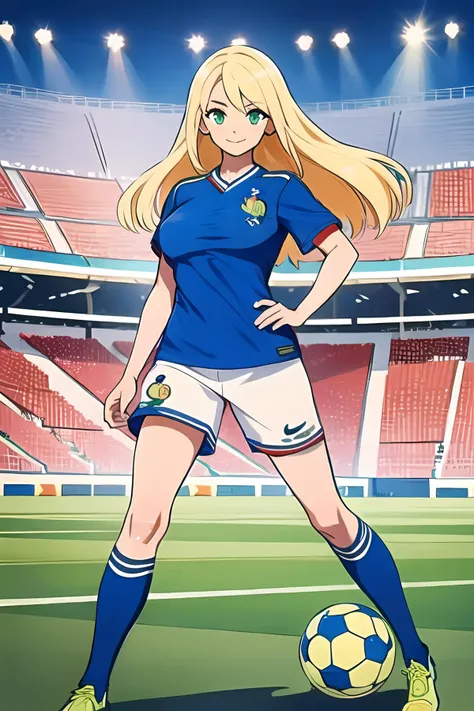 <lora:SC-FR4_Shirt_2024:1>, fr4nc3, sportswear, soccer uniform, blue shirt, shorts, blonde hair, long hair, (full body:1.2), 1girl, smile, (stadium:1.2), green field, massive breasts, High Detail, (best quality), (ultra-detailed), (best illustration)