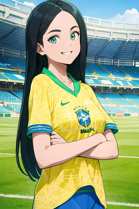 <lora:SC-BR4_Shirt_2024:1>, br451l, sportswear, yellow shirt, shorts, upper body, 1girl, black hair, long hair, smile, (stadium:1.2), green field, massive breasts, crossed arms, from side, (best quality), (ultra-detailed), (best illustration)