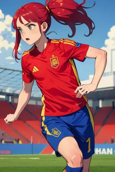 23years old athletic girl from spain running on soccer field,   <lora:SP4_Shirt_Lora:0.8> sp41n, sportswear, soccer uniform, red shirt, shorts,, (masterpiece, best quality:1.2)