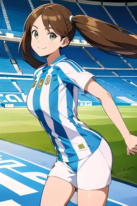 <lora:SC-AR63N_Shirt_2024:1>, ar63nt1n4, soccer uniform, sportswear, shirt, shorts, (cowboy shot:1.2), 1girl, brown hair, twintails, smile, (stadium:1.2), green field, massive breasts, running, looking back at viewer, from behind, (best quality), (ultra-detailed), (best illustration)