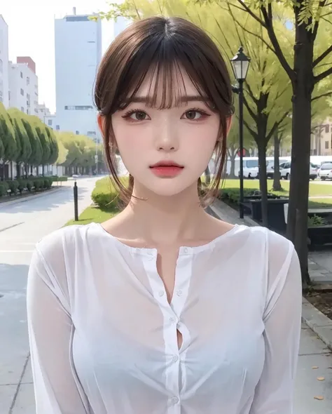 best quality, photorealistic, 8k, high res, full color, 1girl, woman, 20 years old woman, (closed mouth:1.43), (skindentation), (portrait:0.6), trees, park bench, daylight, ((park background:1.52)), full color, ((whitebuttonedshirt:1.58)), looking at viewer:1.8, (1girl eyes looking at viewer:1.55), (medium hair, blondhair, partedbangs:1.45), (bokeh), <lora:AAG-golaniyule:0.69>