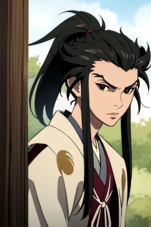masterpiece, best quality, sketch, 1boy, solo, male focus, looking at viewer, upper body, , ligne claire, , <lora:tahoumaru_dororo:0.96>, tahoumaru_dororo, black hair, black eyes, sidelocks, long hair, ponytail, , , dungeon, Blu-ray