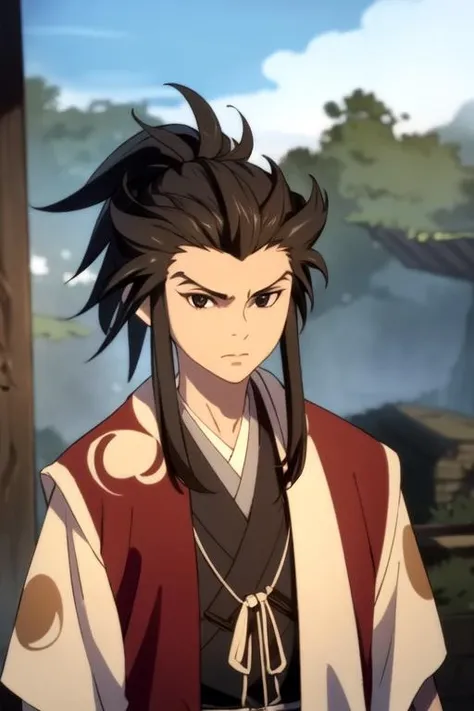 masterpiece, best quality, movie still, 1boy, solo, male focus, looking at viewer, upper body, , ligne claire, , <lora:tahoumaru_dororo:0.86>, tahoumaru_dororo, black hair, black eyes, sidelocks, long hair, ponytail, , , post-apocalyptic,