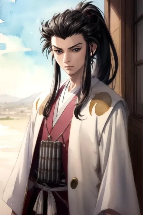 masterpiece, best quality, sketch, 1boy, solo, male focus, looking at viewer, , depth of field, (watercolor illustration, soft pastel colors:1.1), realistic, <lora:tahoumaru_dororo:0.76>, tahoumaru_dororo, black hair, black eyes, sidelocks, long hair, ponytail, , , science fiction dieselpunk,