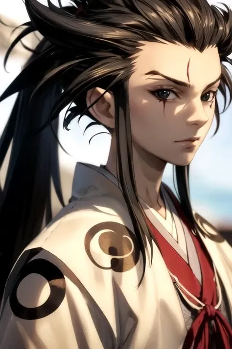 masterpiece, best quality, wallpaper, 1boy, solo, male focus, looking at viewer, upper body, depth of field, , , <lora:tahoumaru_dororo:0.9>, tahoumaru_dororo, black hair, black eyes, sidelocks, long hair, ponytail, , harbor,