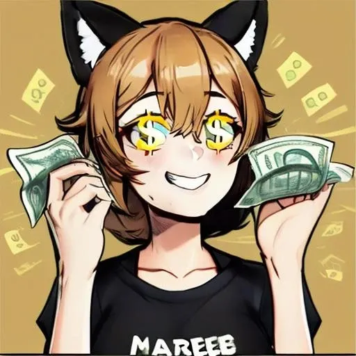giant fortune cat surrounded with pile of gold, gold coins and some cash
