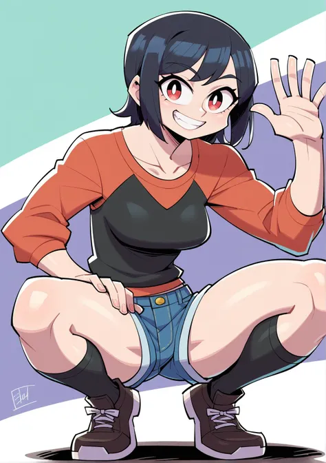 Ralph Bakshi Style, gesugao, Curvy blue eyed girl with long wavy black hair and small breasts standing over viewer, (extreme nsfw), lewd:3.0, (upward camera angle), (full-body-shot pov), (pubic_stubble):4.0