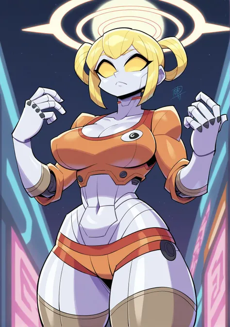 score_9, score_8_up, score_7_up, BREAK, <lora:sunafukitabito-guy-PONYv1:1>, 1girl, solo, large breasts, cowboy shot, <lora:add-detail-xl:.5>, sethstf, yin yang, neon trim, halo, hair rings, metallic skin, android, white skin, <lora:sethstf:.8>
