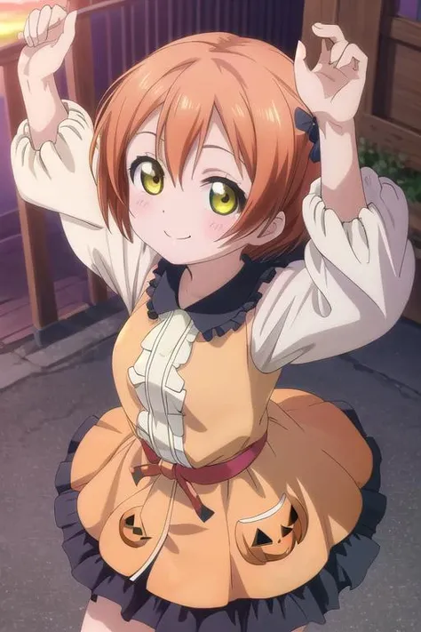masterpiece, best quality,ultra detail,<lora:anmnr01:0.3> <lora:add_detail:0.4>,<lora:GoodHands-vanilla:0.6>,girl,petite,close up,from above,happy,smile,rin hoshizora <lora:rin-lovelive:0.7> sunset,town,(fulffy pumpkin coat)open arms